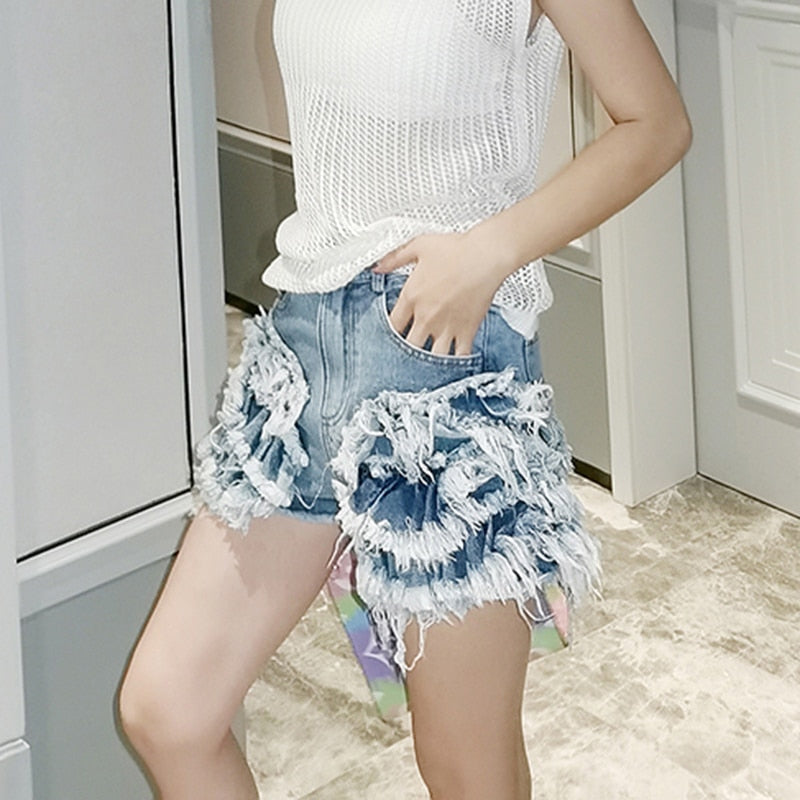 Dam Jeansshorts med Ruffles och Trasiga Detaljer i Denim-4