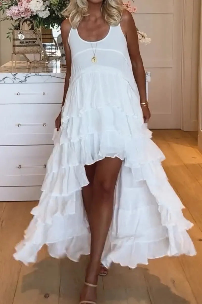 Kvinnors Klänning Ruffled Lätt Material Kort Framåt Långt Bakåt-1