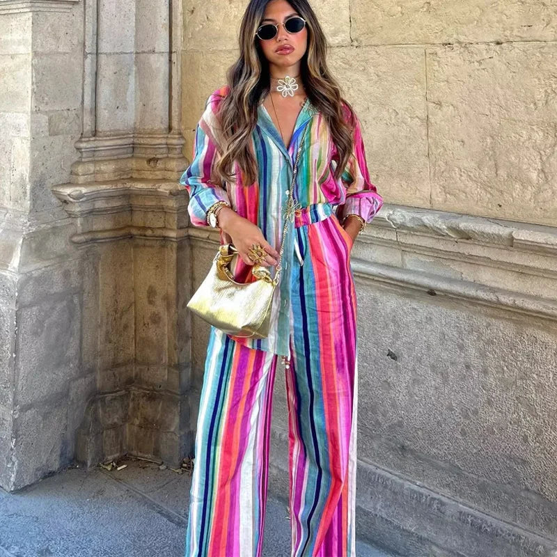 Variant image for Dam Uppsättning Randig Topp och Byxor Mjuk Tygblandning-1