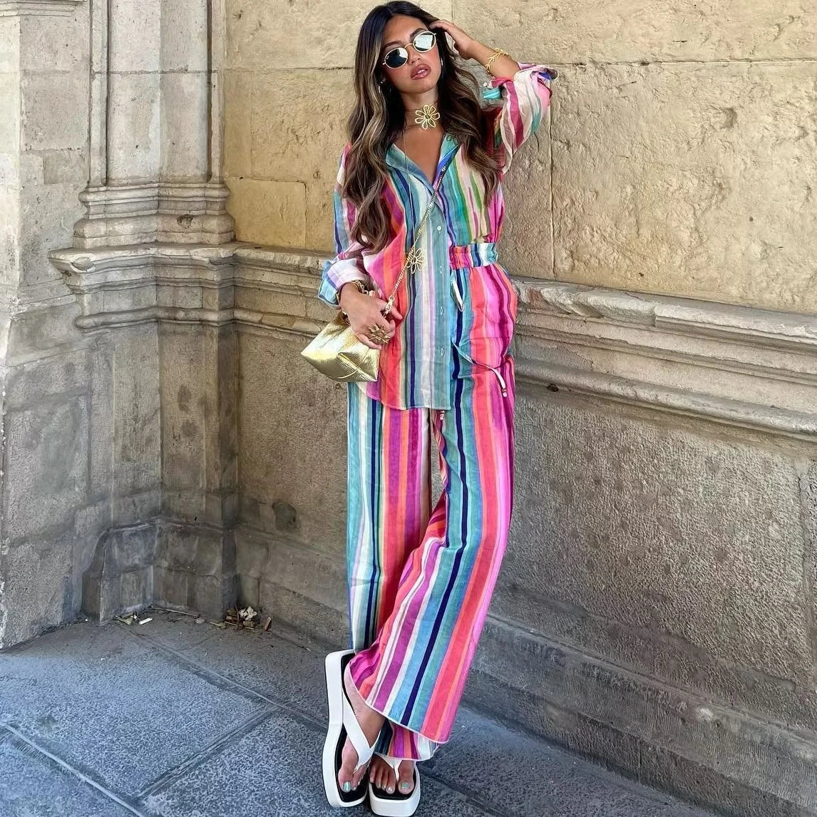 Dam Uppsättning Randig Topp och Byxor Mjuk Tygblandning-2