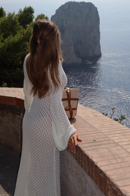 Maxiklänning Dam Virkad med Djup V-Hals och Långa Ärmar i 100% Bomull – Elegant Festklänning 6