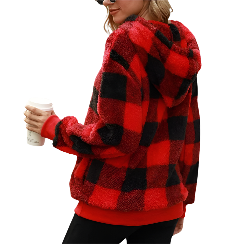 Dam Hoodie Halv Dragkedja Rutigt Mönster 100% Bomull 2