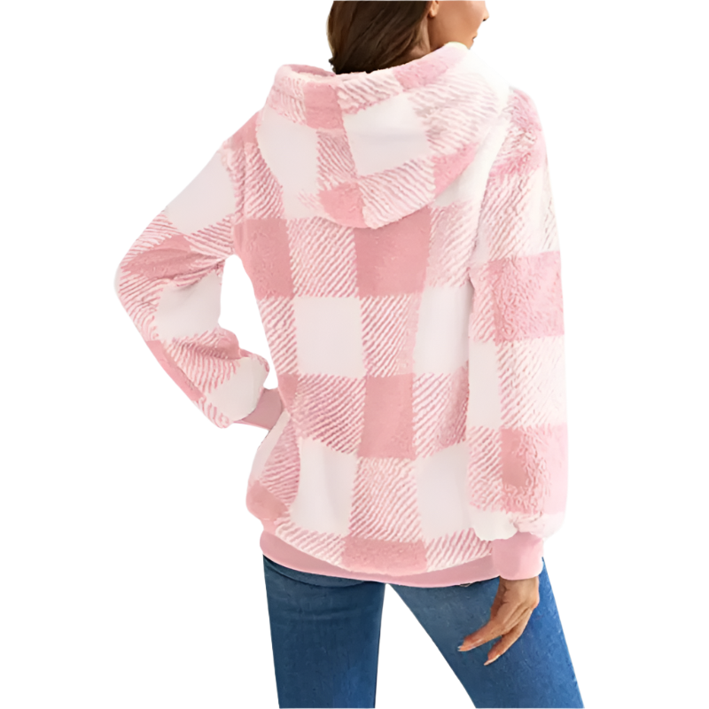 Dam Hoodie Halv Dragkedja Rutigt Mönster 100% Bomull 4