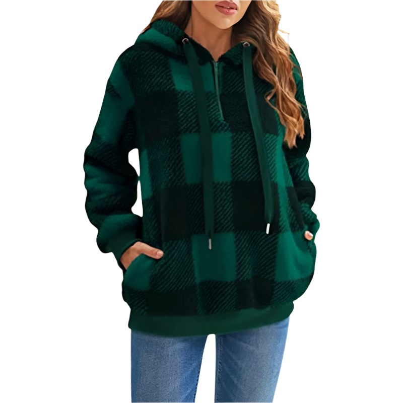 Dam Hoodie Halv Dragkedja Rutigt Mönster 100% Bomull 13