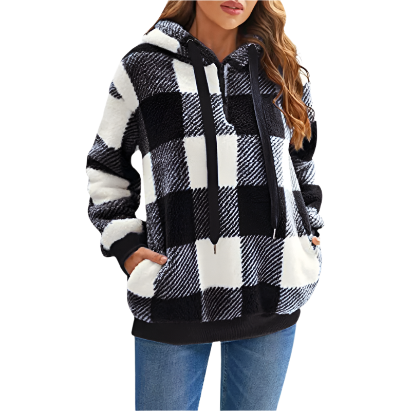 Dam Hoodie Halv Dragkedja Rutigt Mönster 100% Bomull 12