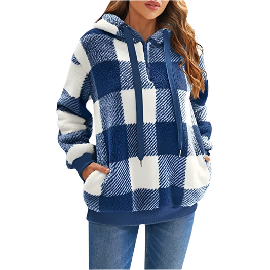 Dam Hoodie Halv Dragkedja Rutigt Mönster 100% Bomull 1