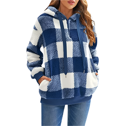 Dam Hoodie Halv Dragkedja Rutigt Mönster 100% Bomull 7
