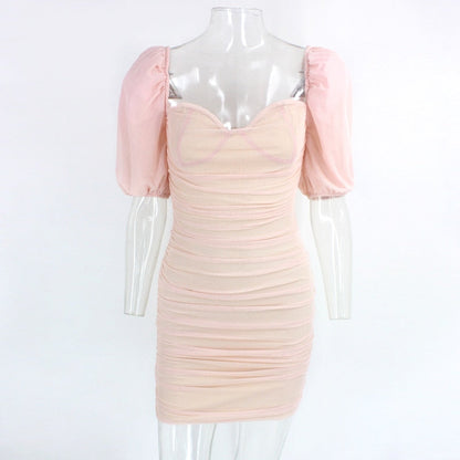 Dam Mini Klänning Fyrkantig Krage Puffärmar Polyester-5