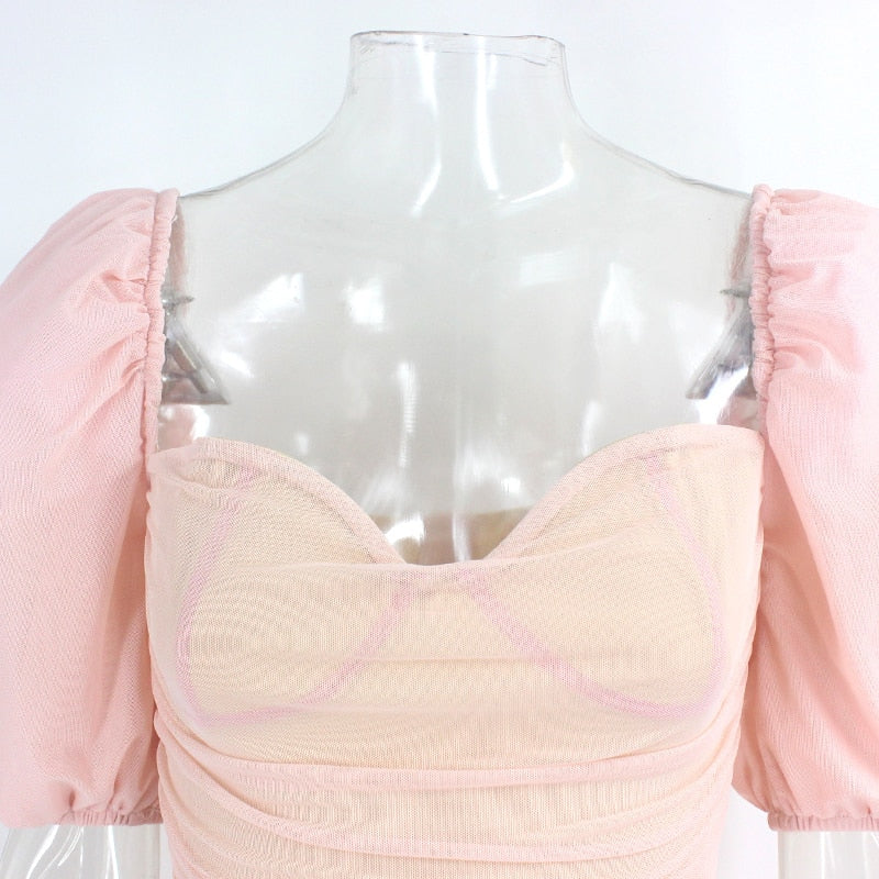 Dam Mini Klänning Fyrkantig Krage Puffärmar Polyester-6