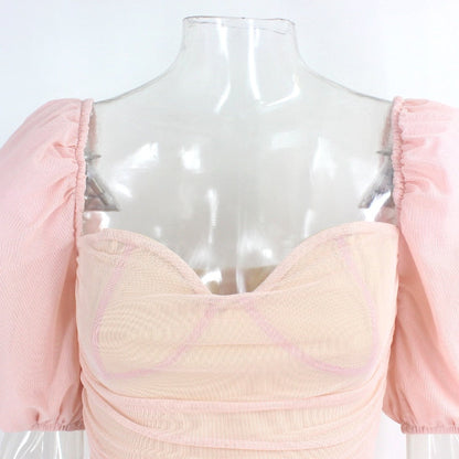 Dam Mini Klänning Fyrkantig Krage Puffärmar Polyester-6