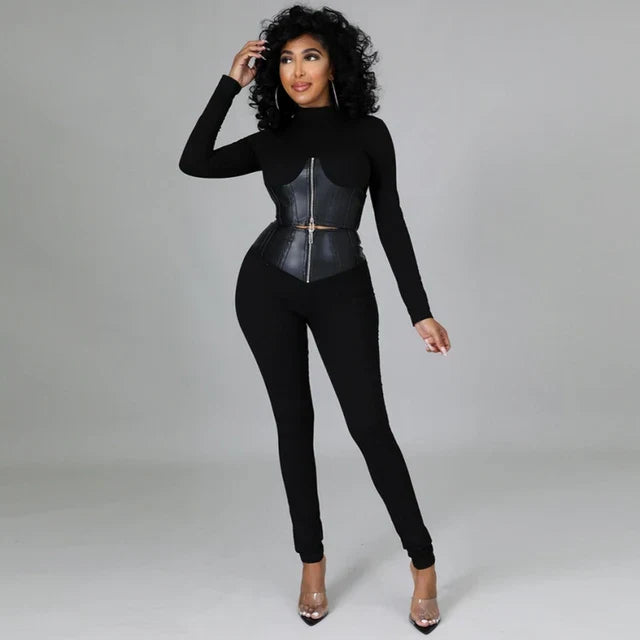 Dam Tvådelat Set Kort Korsett Syntetiskt Läder Högmidjade Byxor-1