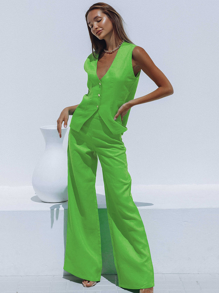 Dam Set Ärm Lös Top och Vida Byxor i Bomull-3