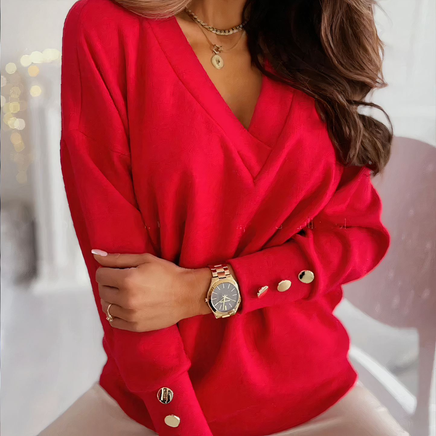 Kvinnors Tröja V-ringning Stickad Mjuk Fiber-3