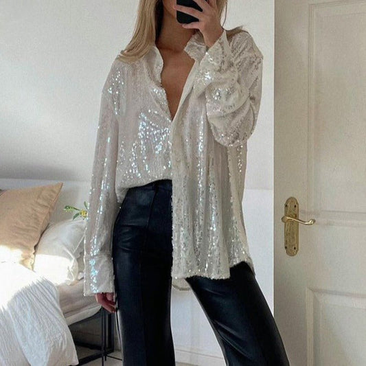 Dam Överdimensionerad Paljettröja med Knappstängning Polyester-1