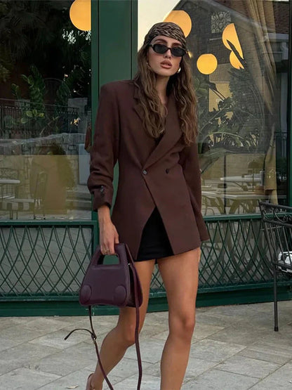 Kvinnor Överdimensionerad Blazer Asymmetrisk Stängning Högkvalitativt Tyg-4