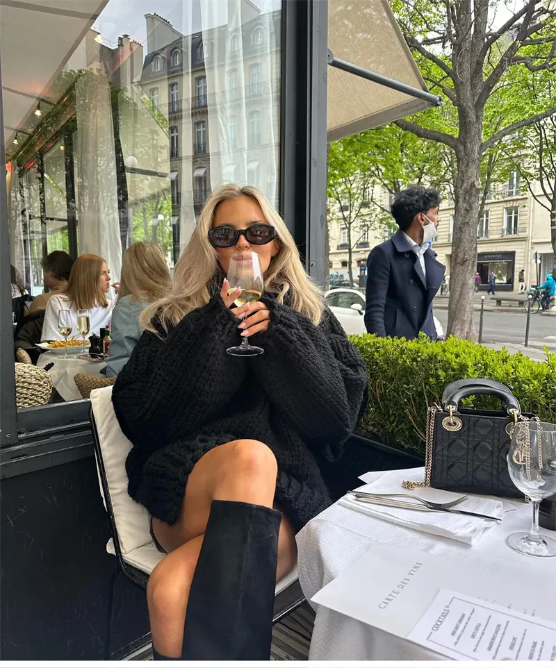 Stickad Dam Tröja Överdimensionerad Rullkrage Mjuk Fiber-2