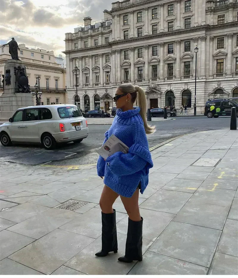 Stickad Dam Tröja Överdimensionerad Rullkrage Mjuk Fiber-4