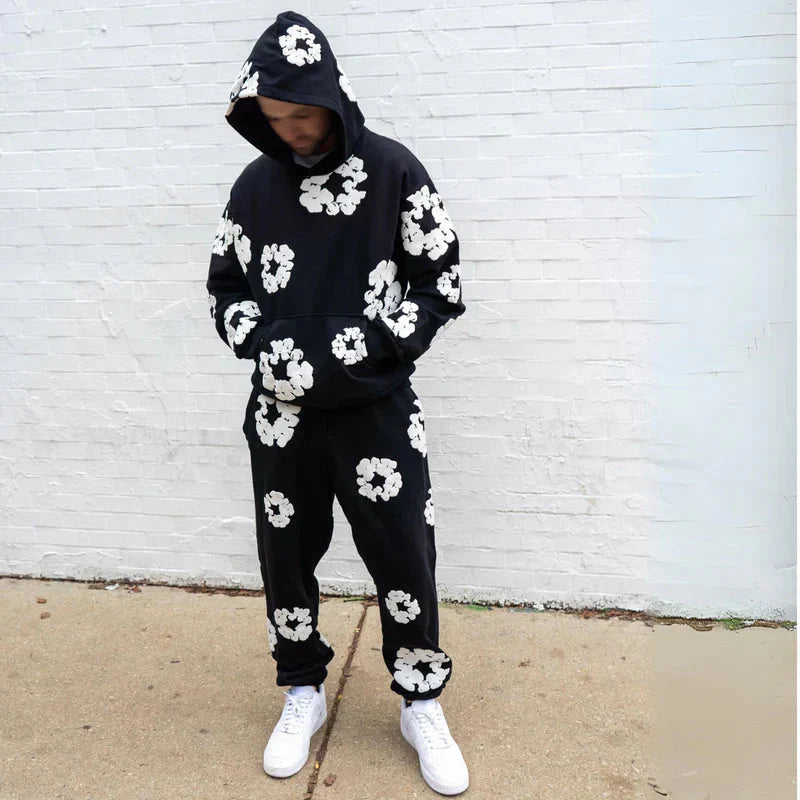 Unisex Hoodie Blommönster Mjuk Bomull och Sweatpants 1