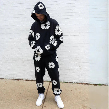 Unisex Hoodie Blommönster Mjuk Bomull och Sweatpants 1