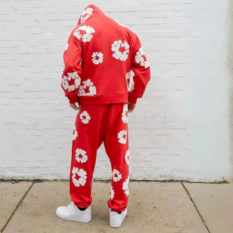Unisex Hoodie Blommönster Mjuk Bomull och Sweatpants 2
