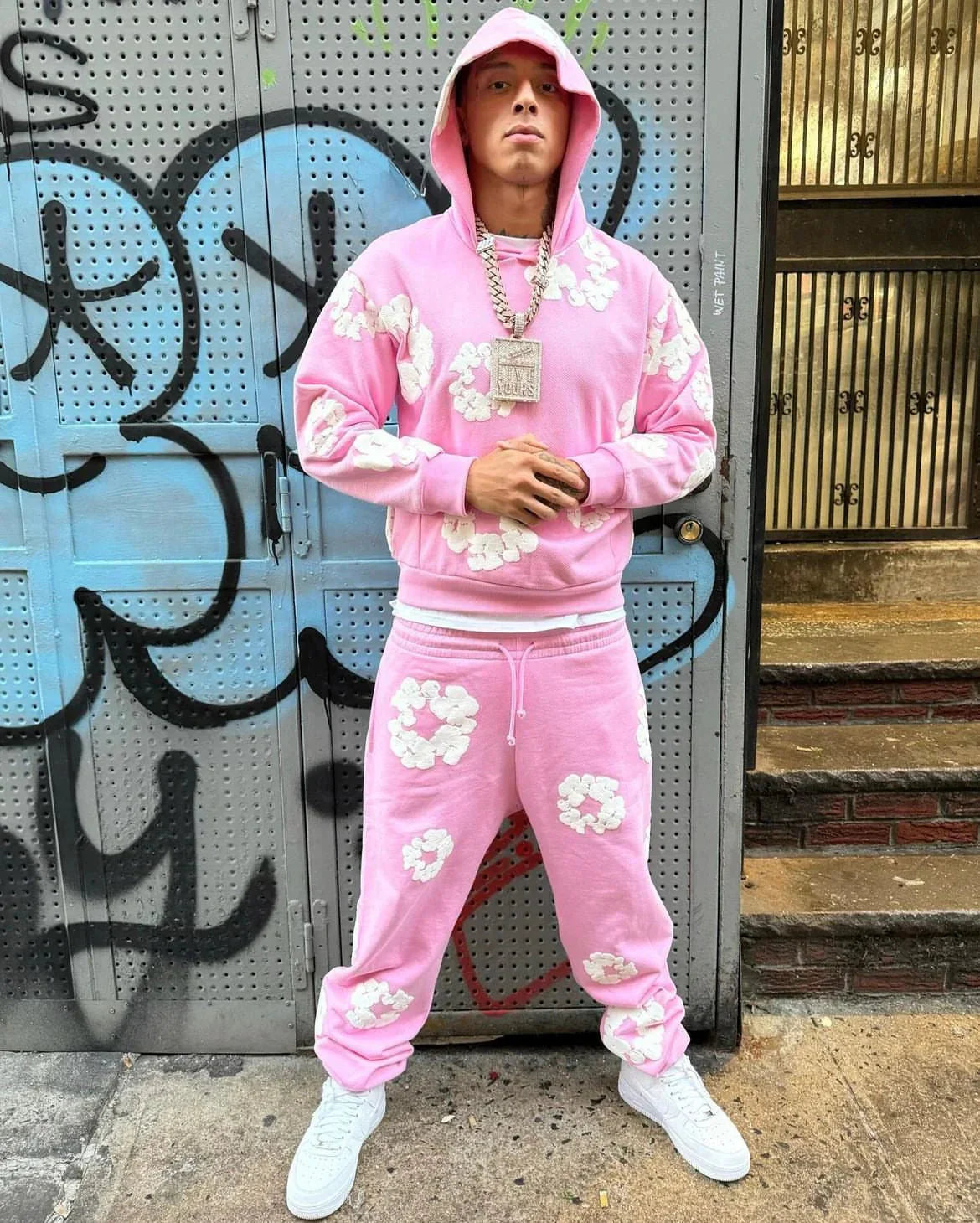 Unisex Hoodie Blommönster Mjuk Bomull och Sweatpants 3