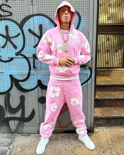 Unisex Hoodie Blommönster Mjuk Bomull och Sweatpants 3