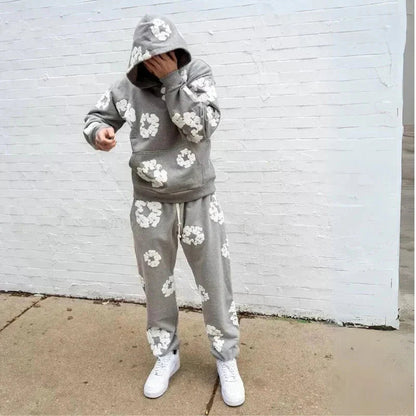 Unisex Hoodie Blommönster Mjuk Bomull och Sweatpants 5