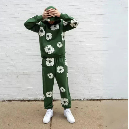 Unisex Hoodie Blommönster Mjuk Bomull och Sweatpants 9
