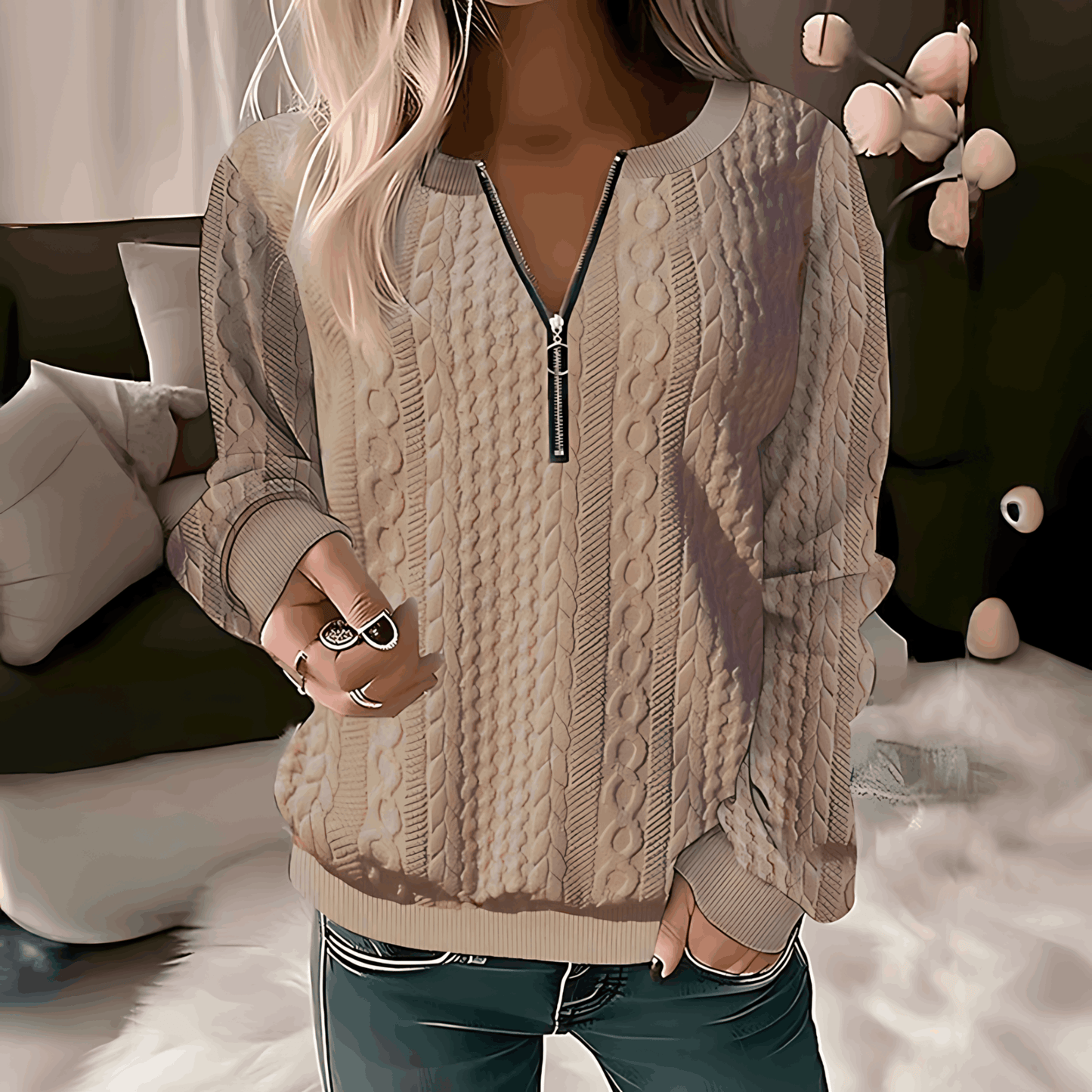 Dam Tröja Rund Hals Dragkedja Värmande Material-2