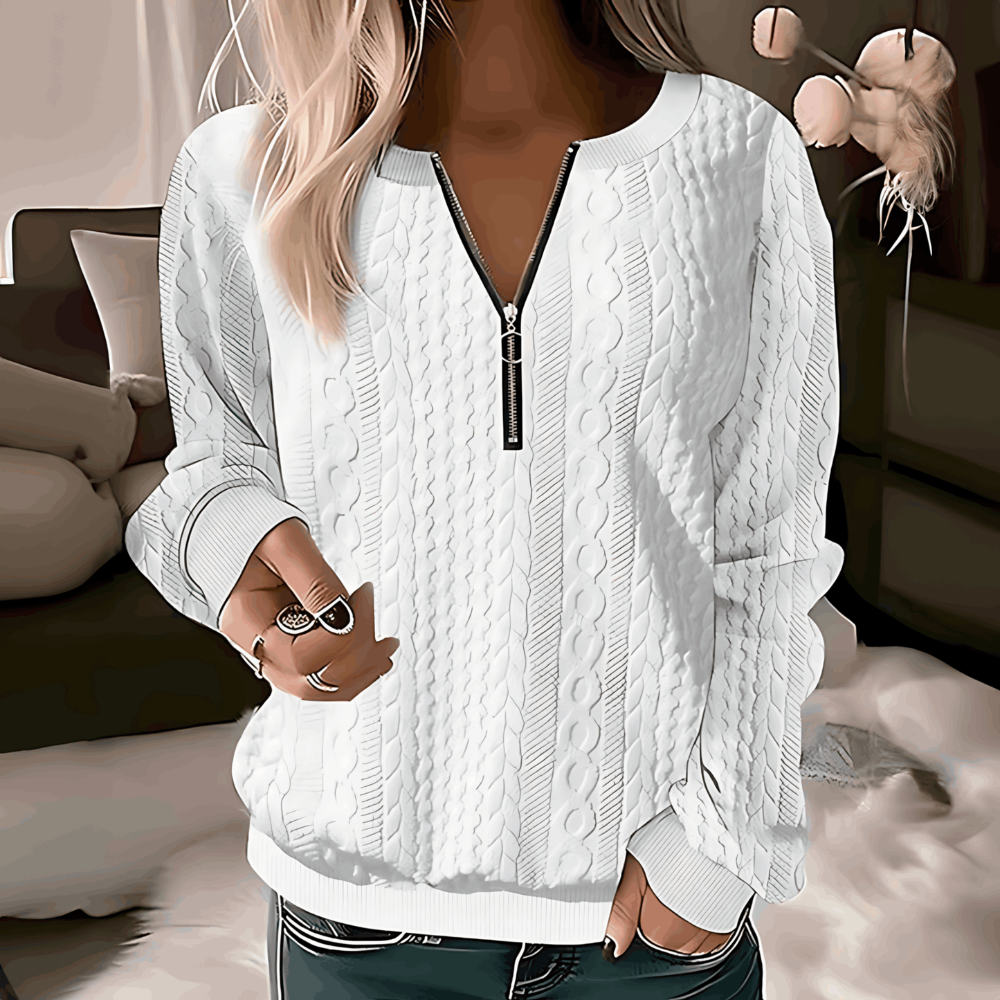 Dam Tröja Rund Hals Dragkedja Värmande Material-3