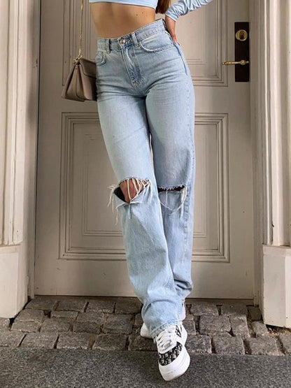 Hög Midja Rivna Jeans Dam Baggy Bred Ben i 100% Bomull - Trendig och Avslappnad Stil 7