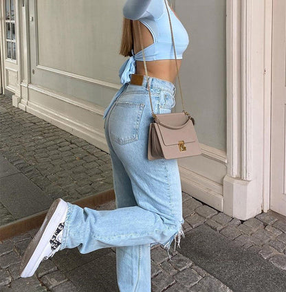 Hög Midja Rivna Jeans Dam Baggy Bred Ben i 100% Bomull - Trendig och Avslappnad Stil 5