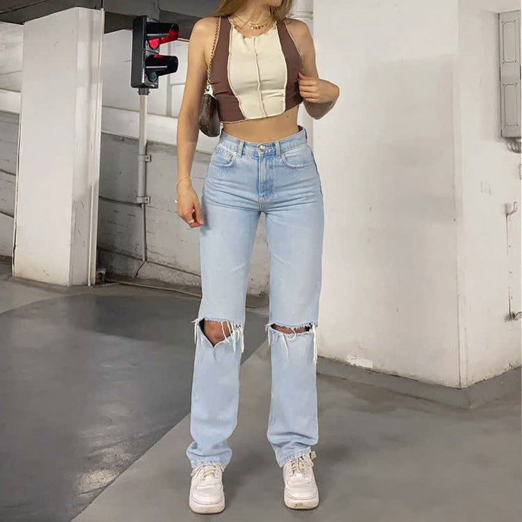 Hög Midja Rivna Jeans Dam Baggy Bred Ben i 100% Bomull - Trendig och Avslappnad Stil 6