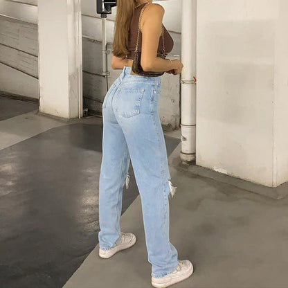 Hög Midja Rivna Jeans Dam Baggy Bred Ben i 100% Bomull - Trendig och Avslappnad Stil 3