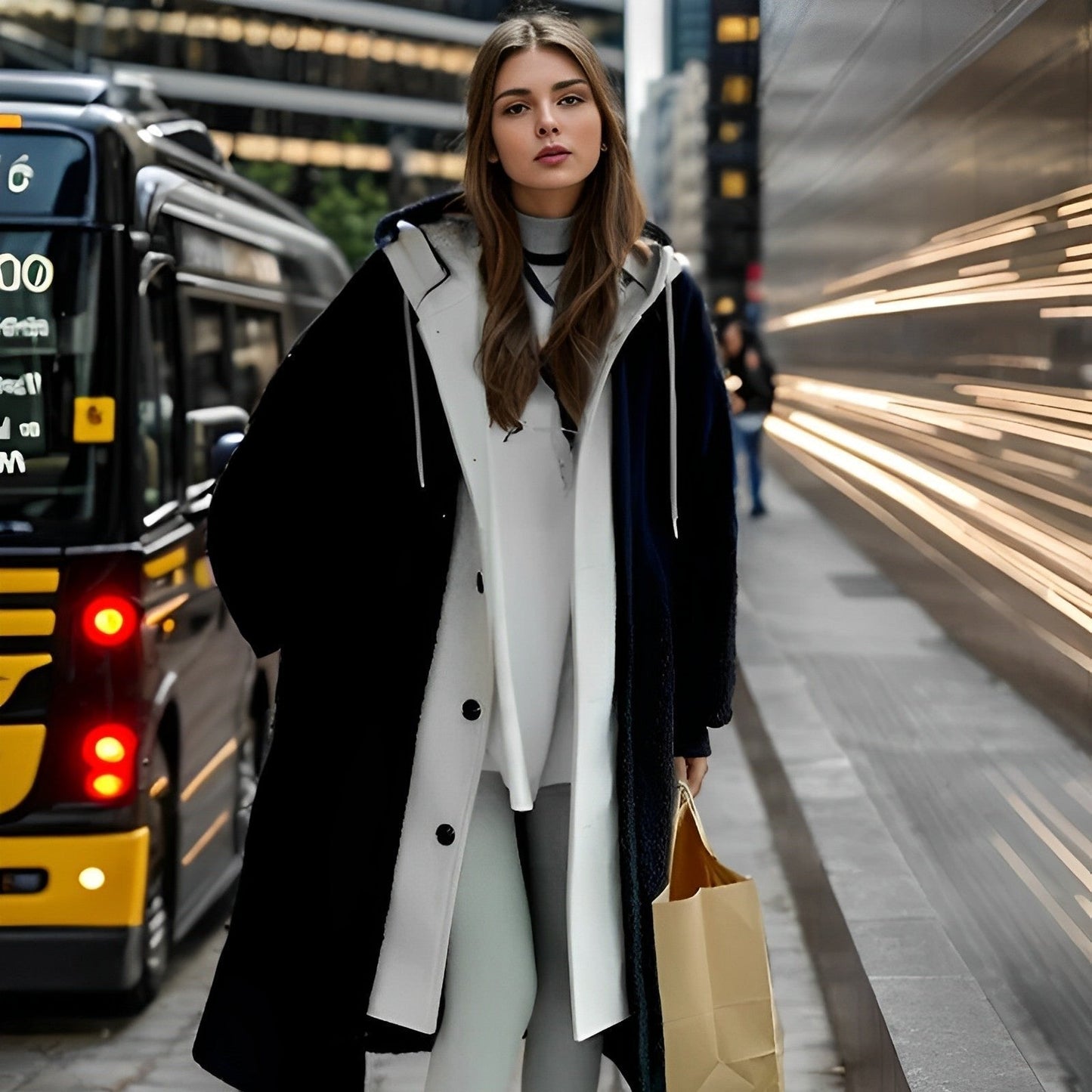 Dam Kappa Modern Vinter Med Huva Högkvalitativt Tyg-2