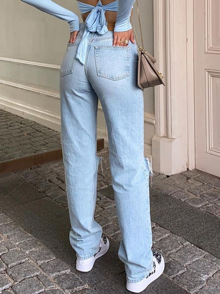 Hög Midja Rivna Jeans Dam Baggy Bred Ben i 100% Bomull - Trendig och Avslappnad Stil 2