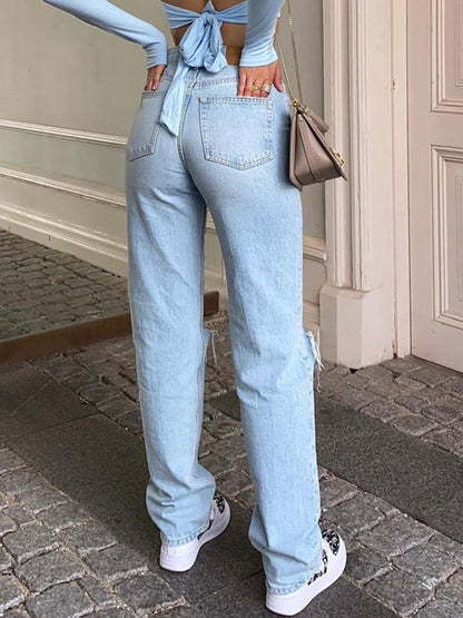 Hög Midja Rivna Jeans Dam Baggy Bred Ben i 100% Bomull - Trendig och Avslappnad Stil 2