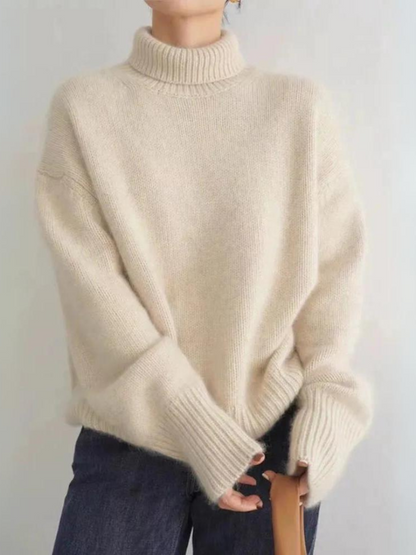 Stickad Dam Tröja Turtleneck Avslappnad Lyxig Tygkombination-5