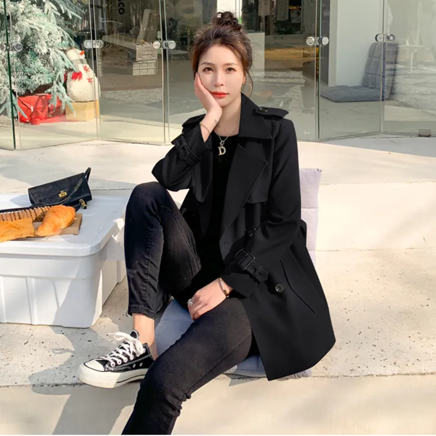 Damjacka Trench Coat Casual Hållbart Tyg-4