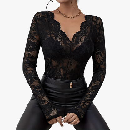 Dam V-hals Topp Långa Ärmar Spetsdetaljer Stretchigt Material-2