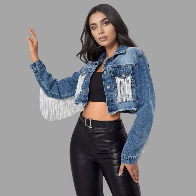 Kvinna Kort Denimjacka Fransdetalj Denim-4