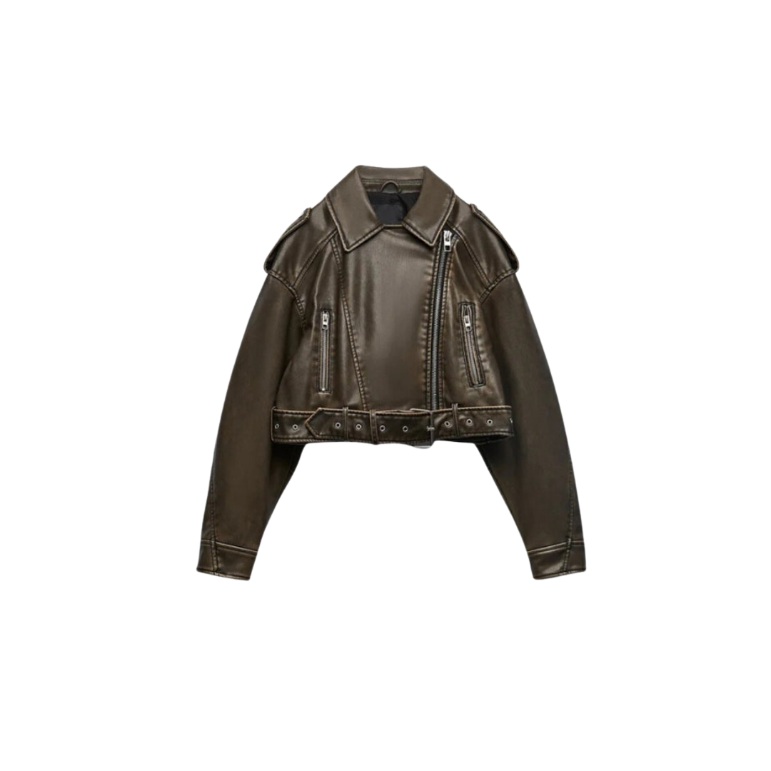 Dam Vintage Blus Utan Krage Syntetiskt Läder-1