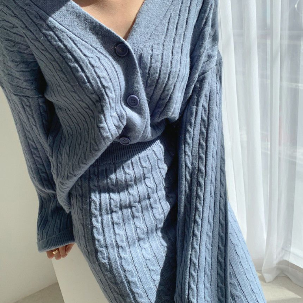 Dam Stickad Top och Kjol Set Vintermode 100% Akryl-2