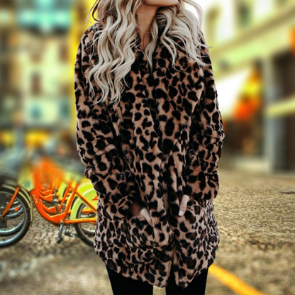 Dam Lång Vinterjacka Leopardmönster Plysch-4