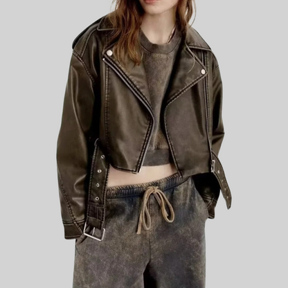 Dam Vintage Blus Utan Krage Syntetiskt Läder-2