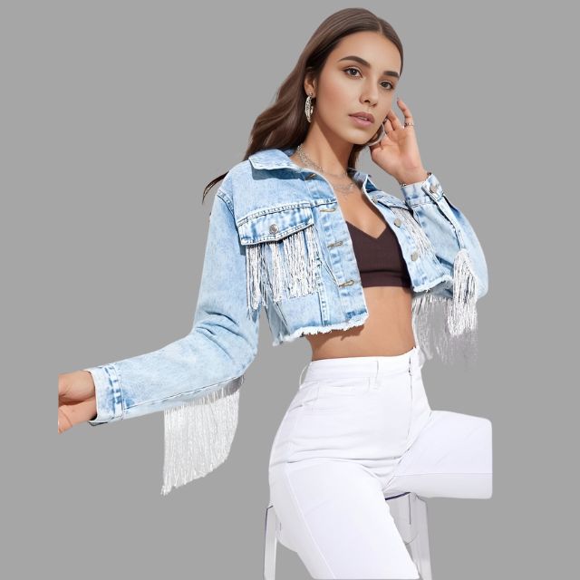 Kvinna Kort Denimjacka Fransdetalj Denim-2
