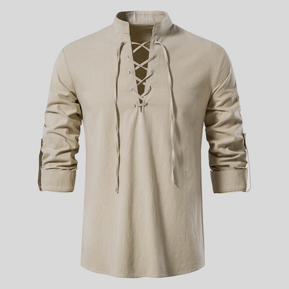 Herrar Poloskjorta Långärmad Linne med Snörning-2