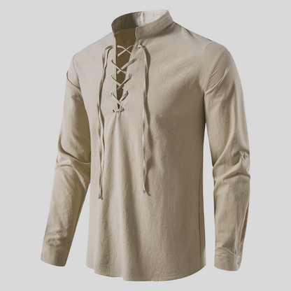 Herrar Poloskjorta Långärmad Linne med Snörning-3