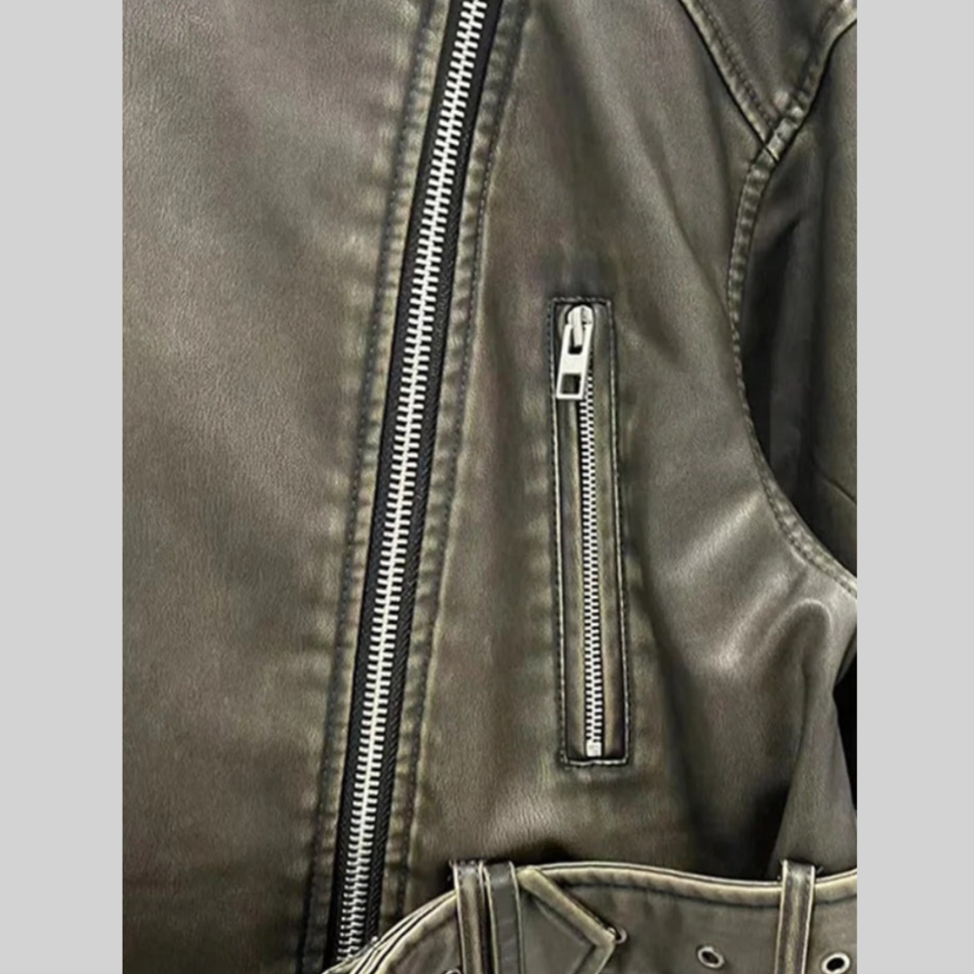 Dam Vintage Blus Utan Krage Syntetiskt Läder-3