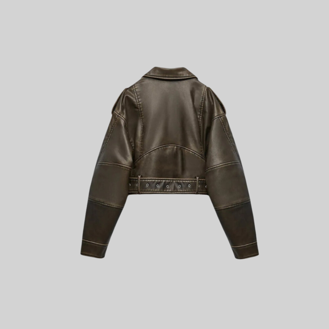 Dam Vintage Blus Utan Krage Syntetiskt Läder-4